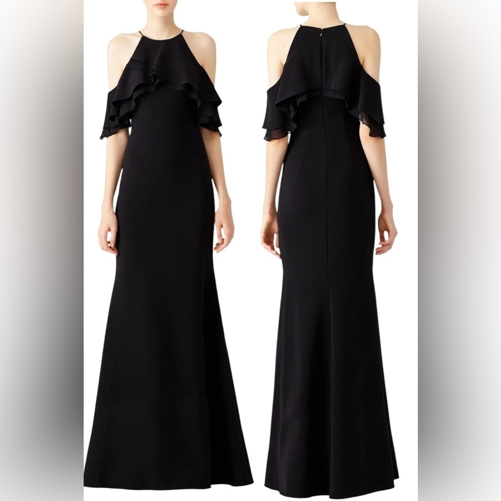Badgley Mischka Crossover Ruffle Cold Shoulder Maxi Dress Black Size 6